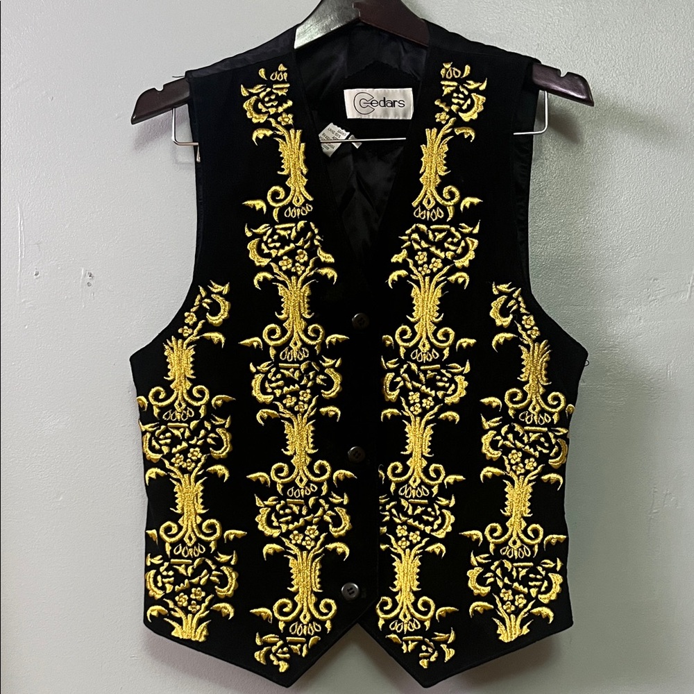 Vintage Elegant Black and Gold Embroidered Leather Suede Vest